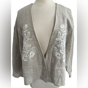 Vintage Karen Kane Beige Linen Blazer w/white floral embroidery & beads Size M